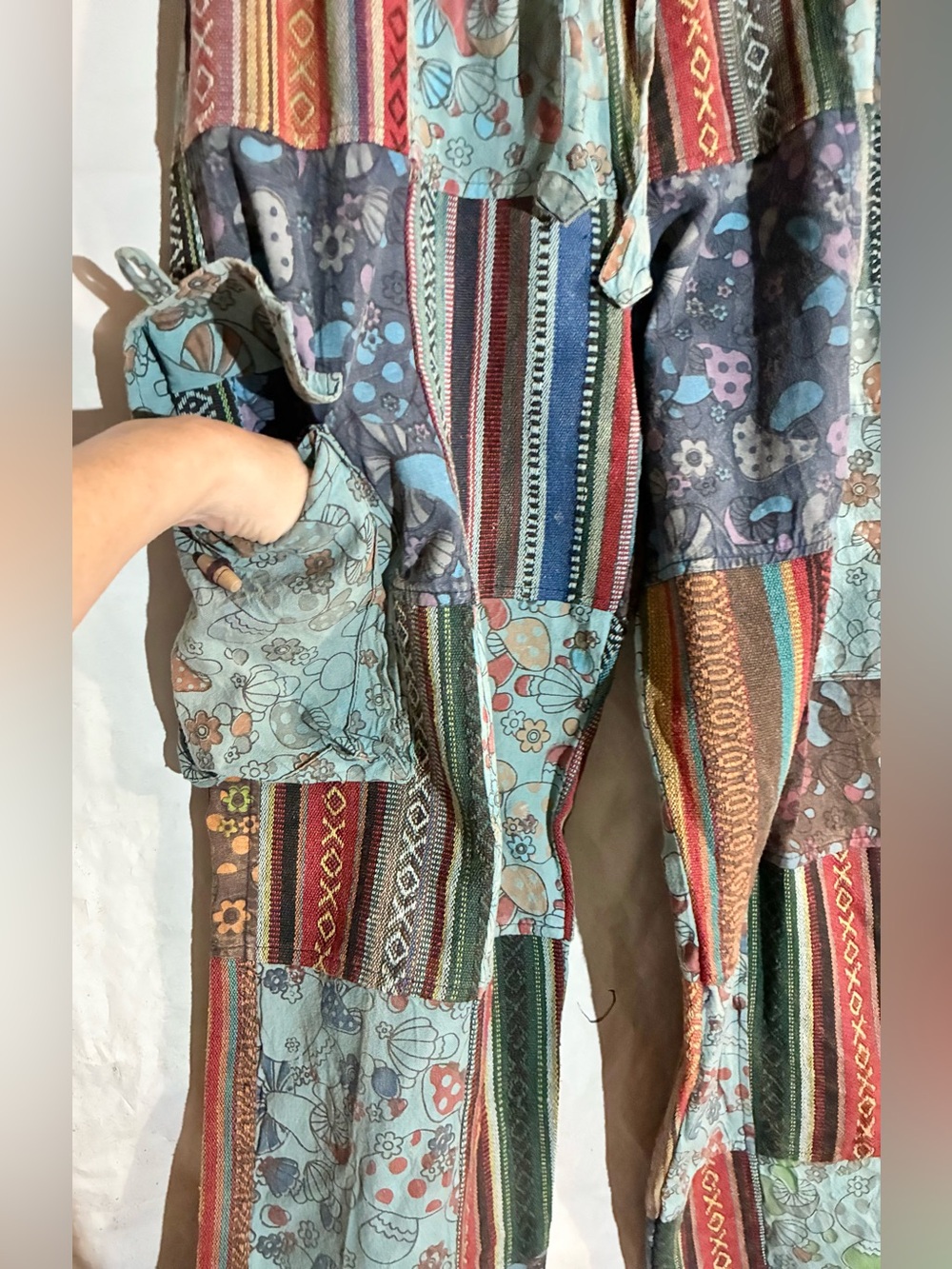 Kathmandu Patchwork Pants S/M Drawstring Mushrooms Pockets Festival Boho Hippie - Picture 9 of 12